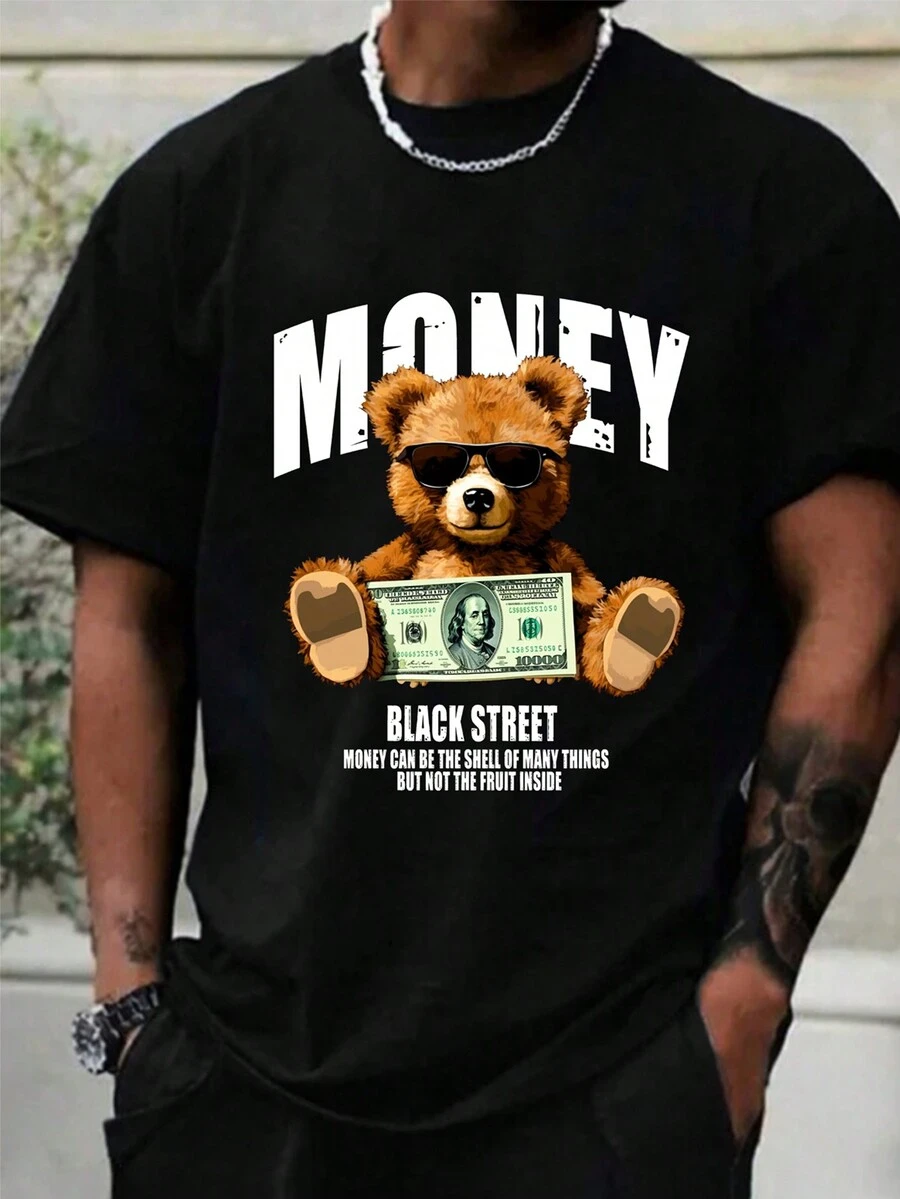 Men's Cartoon Bear And Slogan Print T-Shirt - Black - View 1