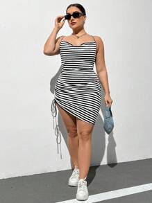 SHEIN Essnce Plus Size Women's Fashionable Casual Versatile Spring And Summer Women's New Striped Fabric Swing Collar Neckline Drawstring Hem Tight Suspender Dress - Black and White - View 6