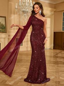 One Shoulder Chiffon Evening Dress With Draped Sleeve And Sequin Detail
