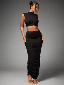 SHEIN BAE Conjunto De Dos Piezas Para Mujer: Chaleco Corto De Cuello Alto Y Falda Plisada - Negro - Ver 5