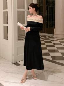 DAZY 女士撞色褶裥露肩连衣裙，生日、新年、舞会礼服，秋季长袖连衣裙，优雅女士连衣裙，嘉年华礼服 - 黑色 - 查看 3