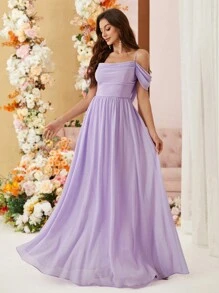 SHEIN Belle Cami, Off Shoulder, Wide Dress, Low Back, Cowl Collar, Chiffon, Bridesmaid Dress (Adult) Elegant Dress - Lilac Purple - View 3