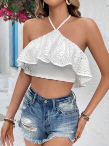 SHEIN VCAY 荷葉邊下擺掛脖鏤空刺繡短上衣 - 白色 - 查看 1
