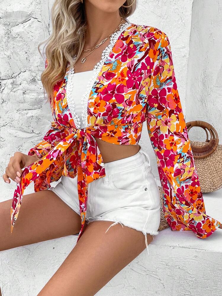 Women'S Floral Printed Lace Patchwork Shirt