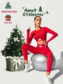 Yoga Basic 字母拼貼運動服長袖上衣和褲子套裝 女士健身服