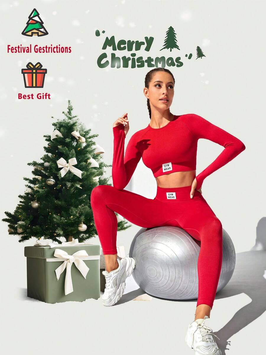 Yoga Basic 字母拼貼運動服長袖上衣和褲子套裝 女士健身服