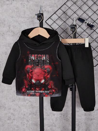 Baby Boys' Robot Printed Mesh Vest Top And Hoodie And Pants 3pcs Set