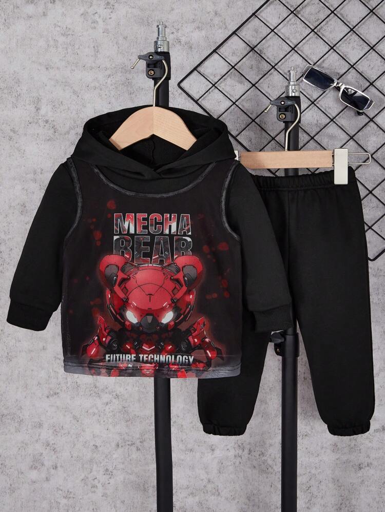 Baby Boys' Robot Printed Mesh Vest Top And Hoodie And Pants 3pcs Set