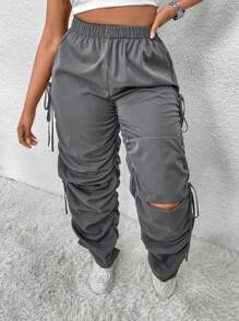 Flirla Women's Plus Size Elastic Waist Tie Detail Casual Pants Fall Cloth For Women