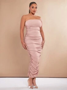 SHEIN BAE Plus Size Strapless Ruched Dress, Wedding Guest Dress - Dusty Pink - View 5