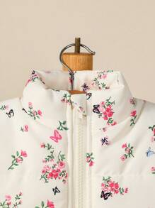寶寶女孩花卉印花立領拉鍊冬季背心外套，配上帽子袖 - 彩色 - 查看 4