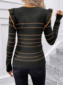 SHEIN Clasi Striped Tight Knit Sweater,Long Sleeve Tops - Black - View 2