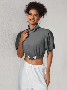 Brittney Do Designer Women's Solid Color High Collar Puff Sleeve Cropped Sweatshirt With Elastic Hem, For Summer, Holiday, Winter, Vacation - Grey - View 3
