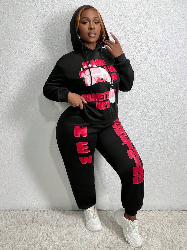 Women'S Fun Letter Print Hooded Sweatshirt And Sweatpants Two-Piece Set With Drawstring