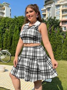 SHEIN MOD Của phụ nữ Kích thước lớn Kẻ sọc Collared Áo vest Và Chân Váy xếp ly Bộ - Nhiều màu - Xem 4
