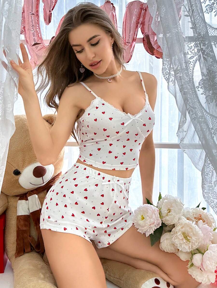 Women's Heart Printed Pajama Set - White - View 1