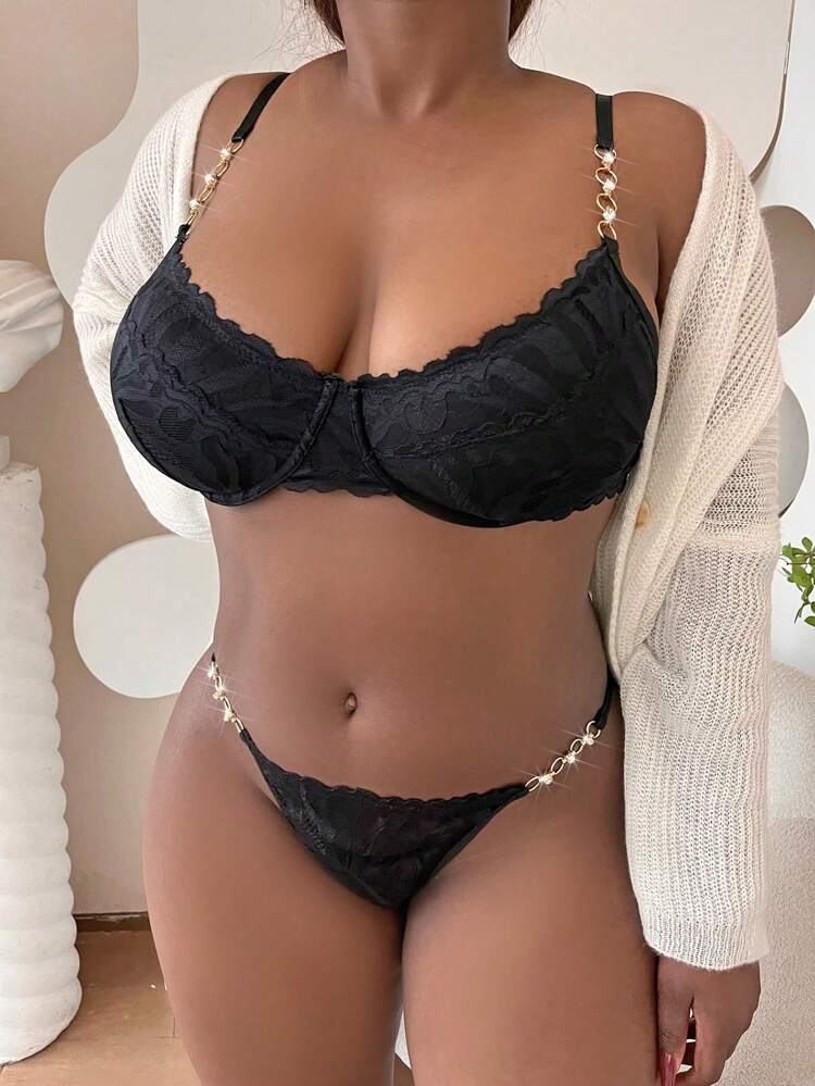 Plus Size Underwire Chain Decor Sexy Lingerie Set