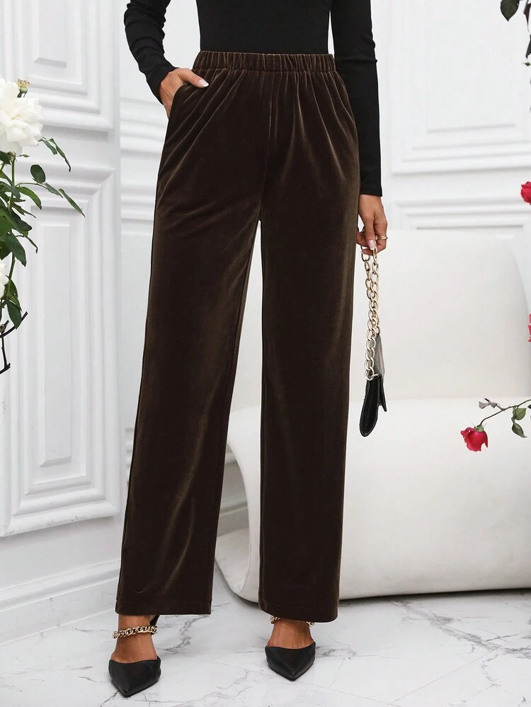Solid Color Elastic Waist Long Pants Fall Cloth For Women