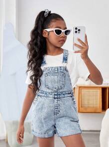 SHEIN Tween Girls' Stretch-Free Casual Denim Romper