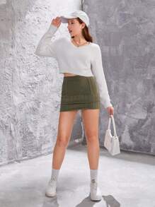 Teen Girl Layered Hem Sweater Skirt - Green - View 4