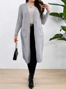 Flirla 大尺碼女裝針織開衫,雙口袋設計 - 霧霾藍 - 查看 3