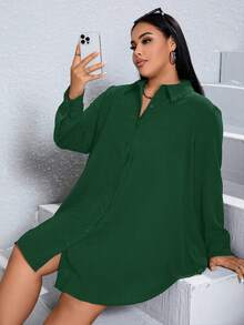SHEIN Essnce 女性大尺碼鬆身襯衫裙 - 墨綠色 - 查看 5