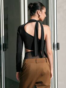 Zolique Asymmetrical Tie Neck Cut Out Bodysuit Fall Cloth For Women - Black - View 2