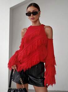 SHEIN LUNE Suéter feminino de tricô com ombros à mostra e franjas. Ideal para outono e inverno. - Vermelho - Ver 3