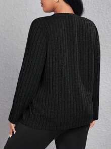 SHEIN EZwear Camiseta de mujer talla grande de cuello redondo y color liso con tejido de punto acanalado - Negro - Ver 2