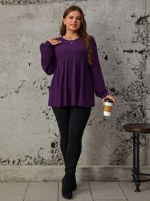 SHEIN LUNE Women's Plus Size Loose Fit Casual Round Neck T-Shirt, Solid Color Fall - Purple - View 3