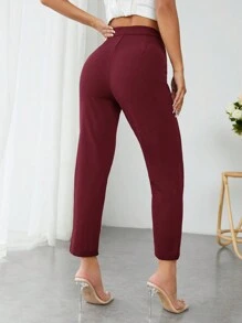 SHEIN PETITE 純色高腰長褲 - 酒紅色 - 查看 2