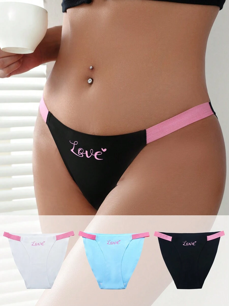 SHEIN 3pcs/Set Letter Printed Colorblock Trim Triangle Panties - Multicolor - View 1