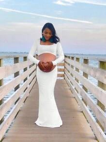 Maternity Fitted Backless Dress, Maternity Hollow Square Neck Long Dress, Suitable For Photography, Baby Shower Parties, Long Sleeve Design - White - View 4