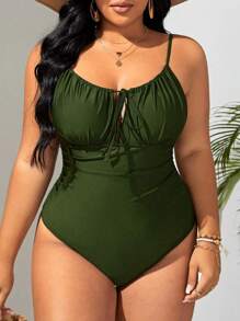 Swim Basics Traje De Baño De Una Pieza De Talla Grande Con Nudo En La Parte Delantera Y Copas Fruncidas