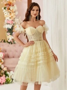 SHEIN Belle Off The Shoulder Back-Tied Cocktail Party Dress Vintage - Yellow - View 6
