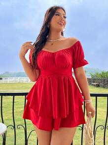 Flirla Plus Size Women'S Solid Color Off-Shoulder Pleated Jumpsuit For New Year Clothes - Red - View 5