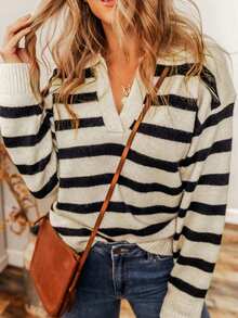 條紋拼色v領休閒毛衣 - 卡其色 - 查看 4