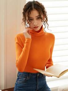 Knit Mix Áo len cổ cao tay dài màu trơn thanh lịch dành cho nữ, thích hợp cho mùa thu/đông, kiểu dáng ôm sát, lý tưởng cho ngày Valentine, phong cách cổ điển sang trọng tinh tế, đa năng, thời trang thu đông cho mùa tựu trường, áo len Giáng sinh mùa thu, món đồ thiết yếu cho năm mới. - trái cam - Xem 5