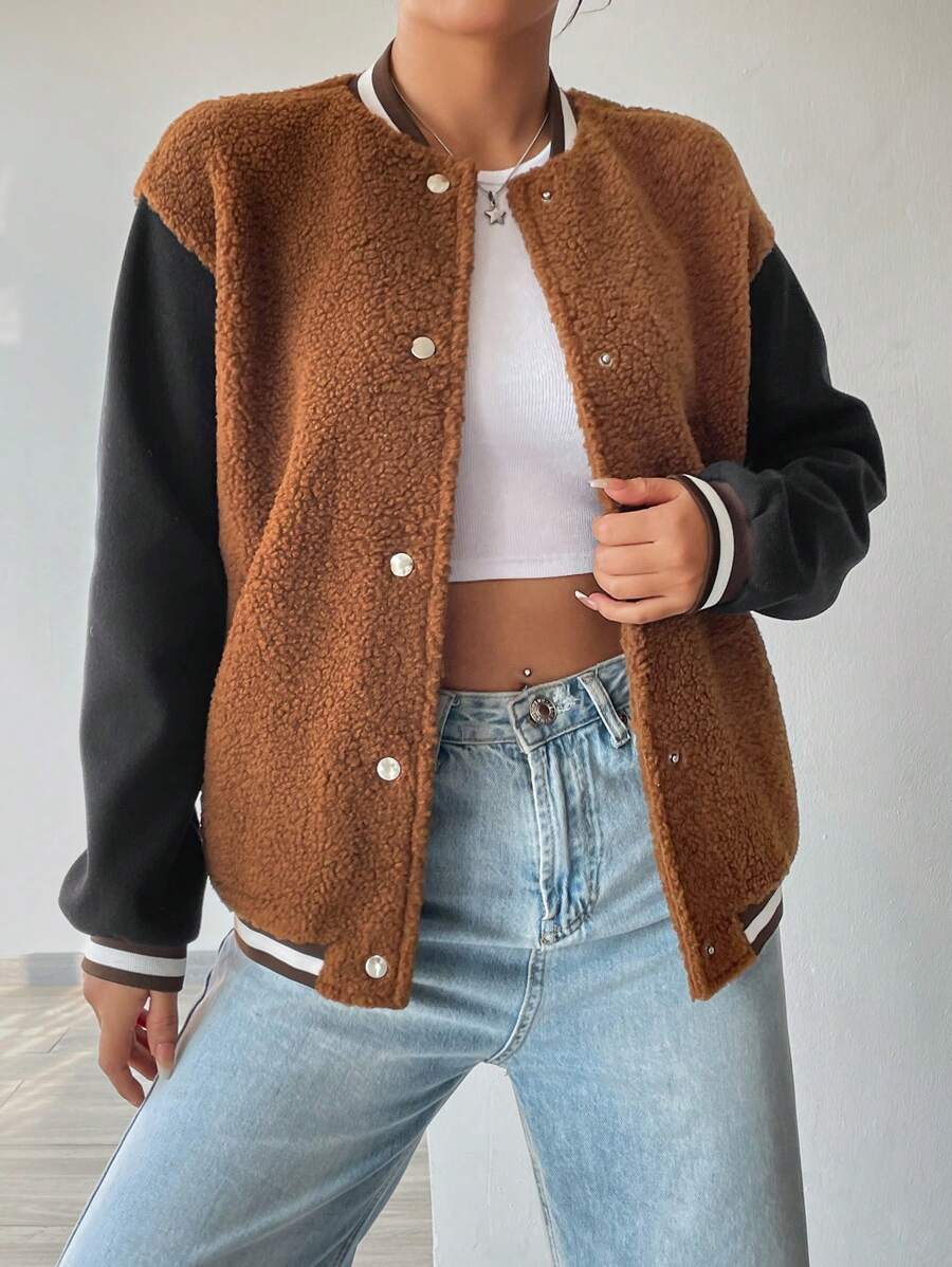 SHEIN Unity Color-Block Lamb Fur Patchwork Jacket Fall Cloth For Women ...