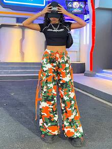 SHEIN Coolane Women's Waist Drawstring Wide Leg Pants With Bright Color - Army Green - View 3