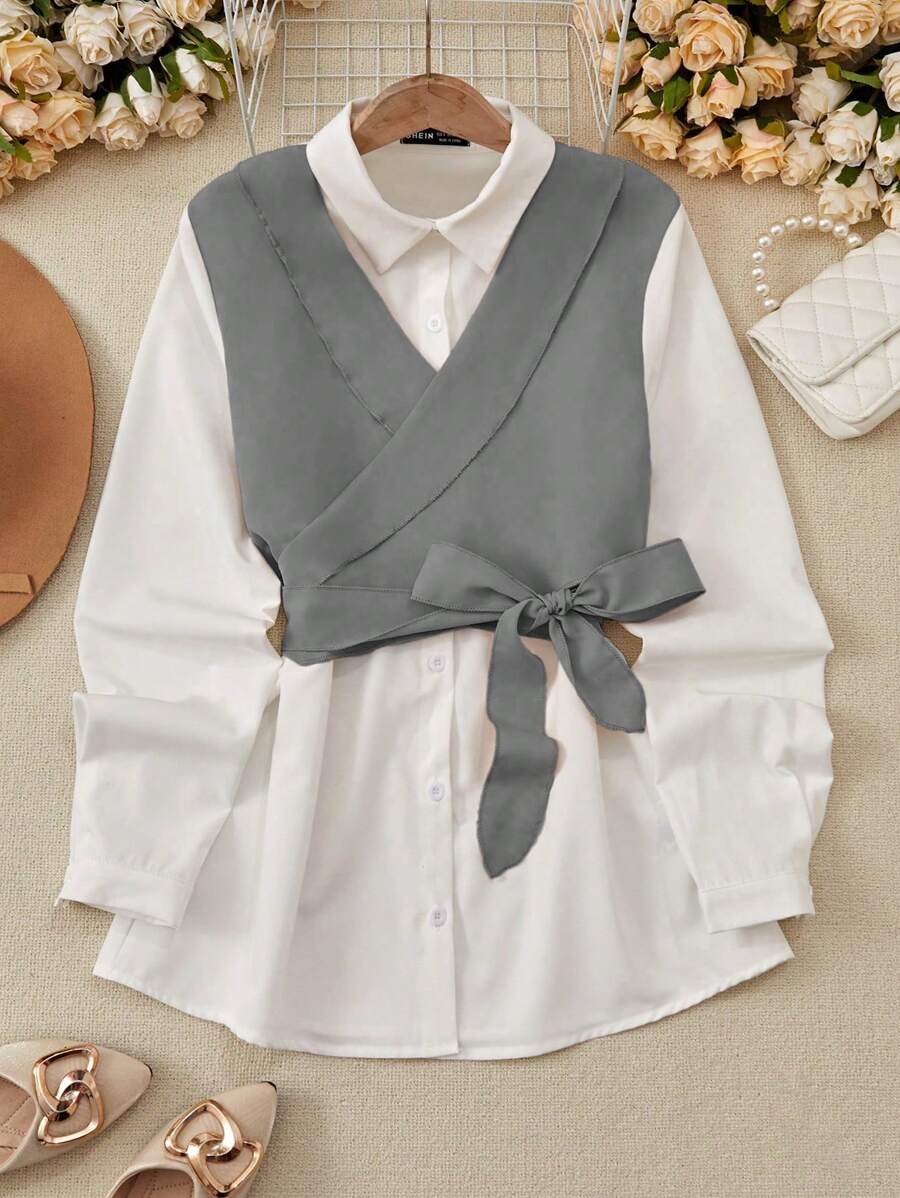 Franclia 女式拼色领带二合一衬衫、长袖上衣 - 淺灰色 - 查看 1