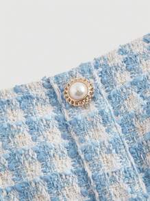 SHEIN MOD Plus Size Plaid Fringed Hem Spaghetti Strap Dress - Blue and White - View 3