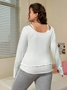 SHEIN MOD Plus Size Lettuce Edge Thumb Hole Long Sleeve Two In One T-Shirt - White - View 2