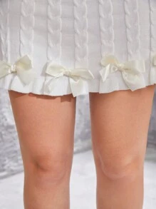 Teen Girls' Ribbon Bowknot Decor Knitted Skirt With Sweet College Style, All-match - White - View 5