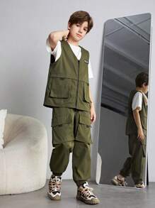 SHEIN 2pcs Teen Boys' Loose Fit Casual Woven Vest With Pockets, Tapered Leg Pants Set, Workwear Pockets, Oversized, Korean-Japanese Style, Simple & Versatile - Army Green - View 4