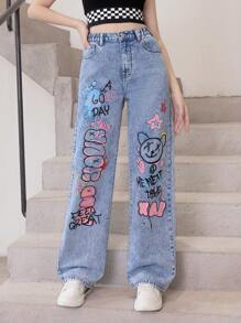 Lässige Und Modische Jeans Mit Geradem Bein Aus Gewaschenem Denim Mit Graffiti-print Für Teenager-mädchen