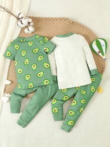 嬰兒男童卡通字母印花修身家居套裝 - 綠色 - 查看 2