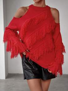 SHEIN LUNE Suéter feminino de tricô com ombros à mostra e franjas. Ideal para outono e inverno. - Vermelho - Ver 1