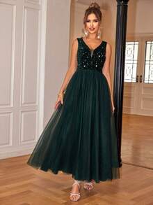 Joyfunear Women's Sparkling Contrast Mesh Flare Dress Summer Vacation Elegant - Dark Green - View 6