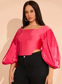 Hauture Plus Puff Sleeve Bustier Crop Top - Hot Pink - View 4